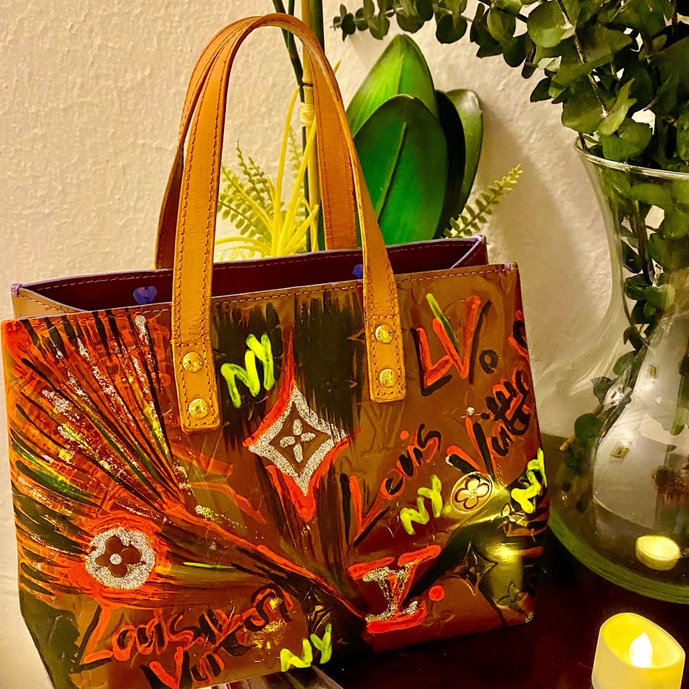 Custom painted Authentic Louis Vuitton small tote bag